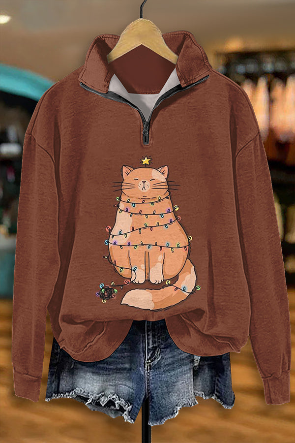 Christmas Cat Lights Zip-Up Sweatshirt