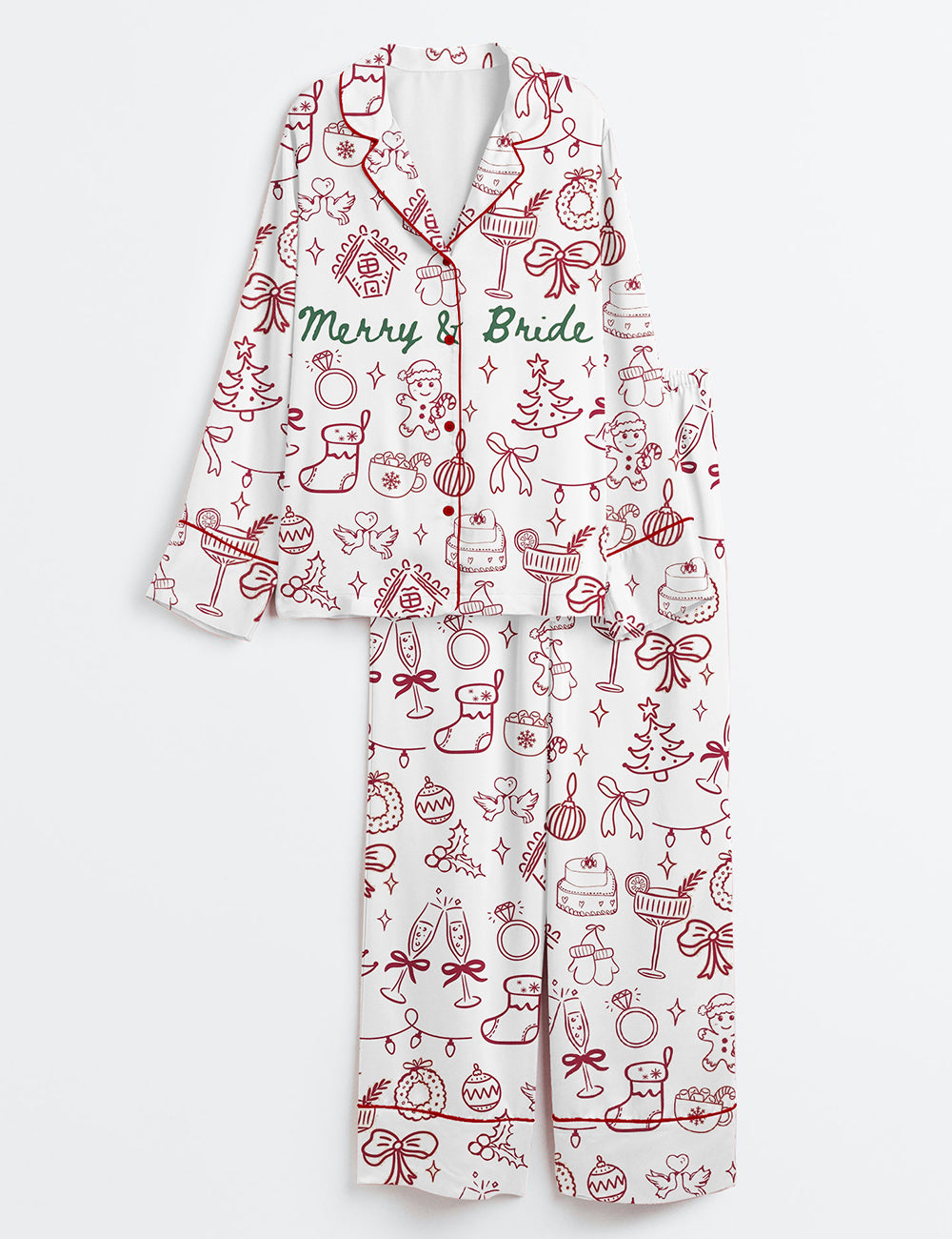 Christmas Bachelorette Party Merry And Bride Christmas Wedding Print Long Sleeve Satin Pajama Set