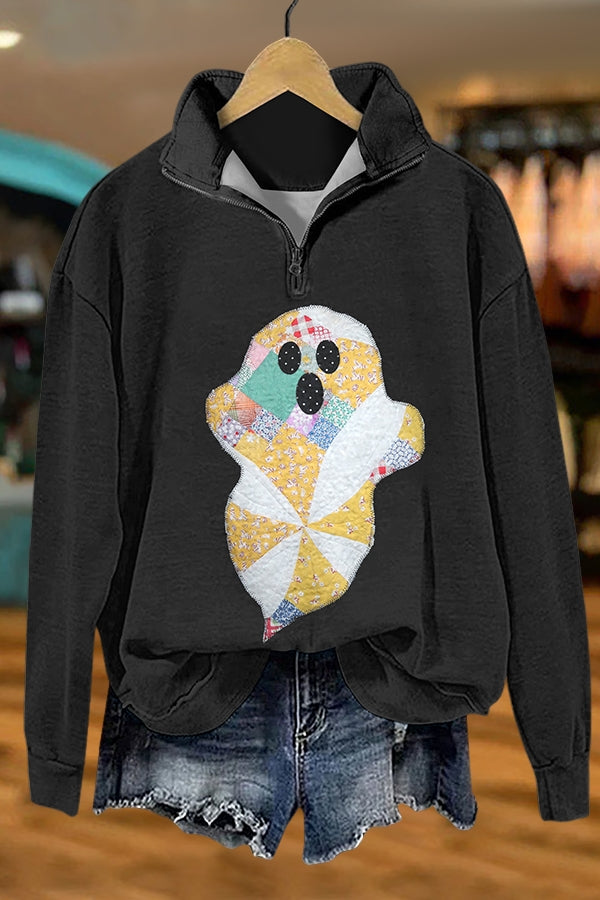 Halloween Cute Floral Ghost Zipper Sweatshirt