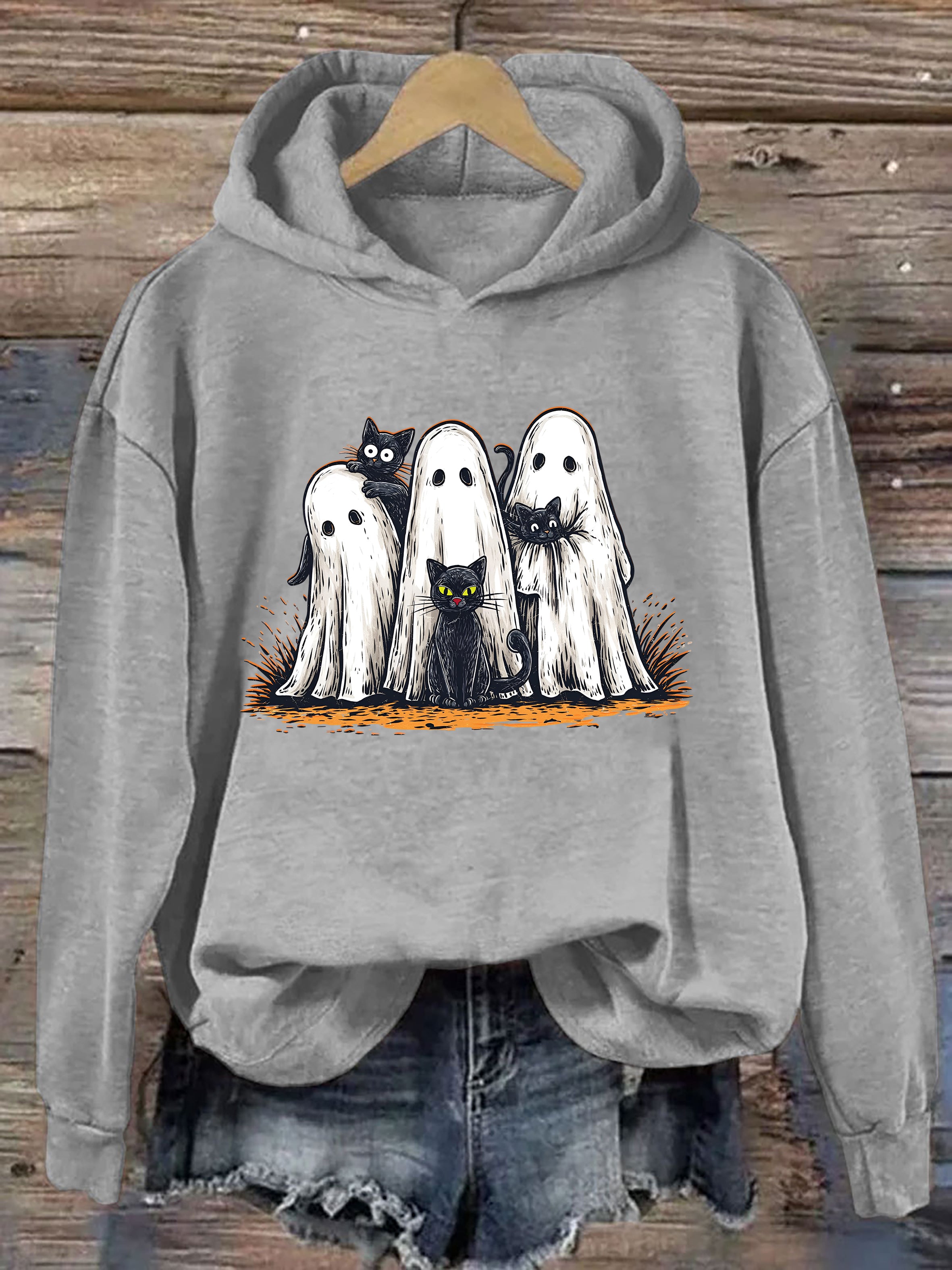Retro Halloween Ghost And Cat Hoodie