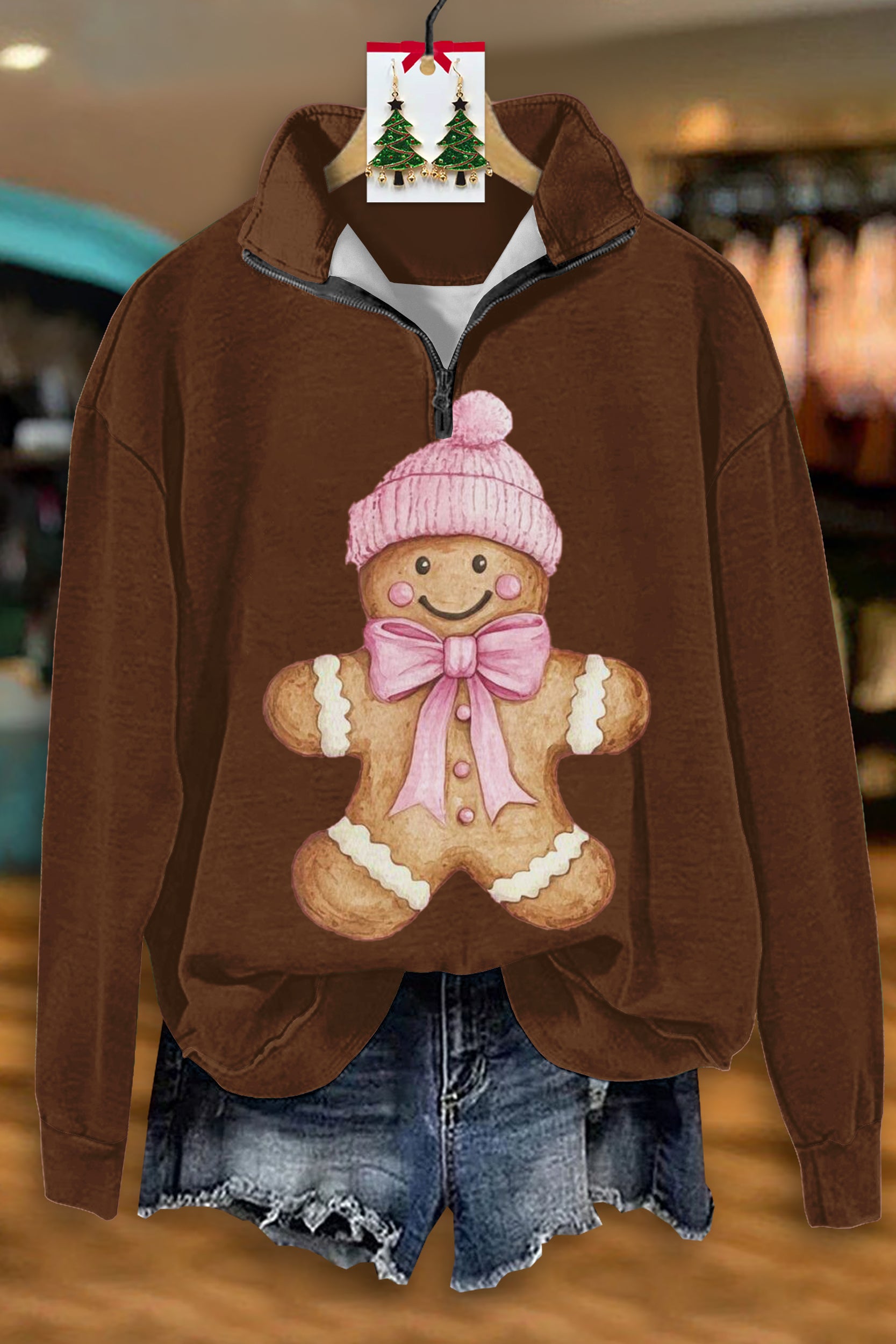 Cute Christmas Gingerbread Man Print Zip-Up Sweatshirt