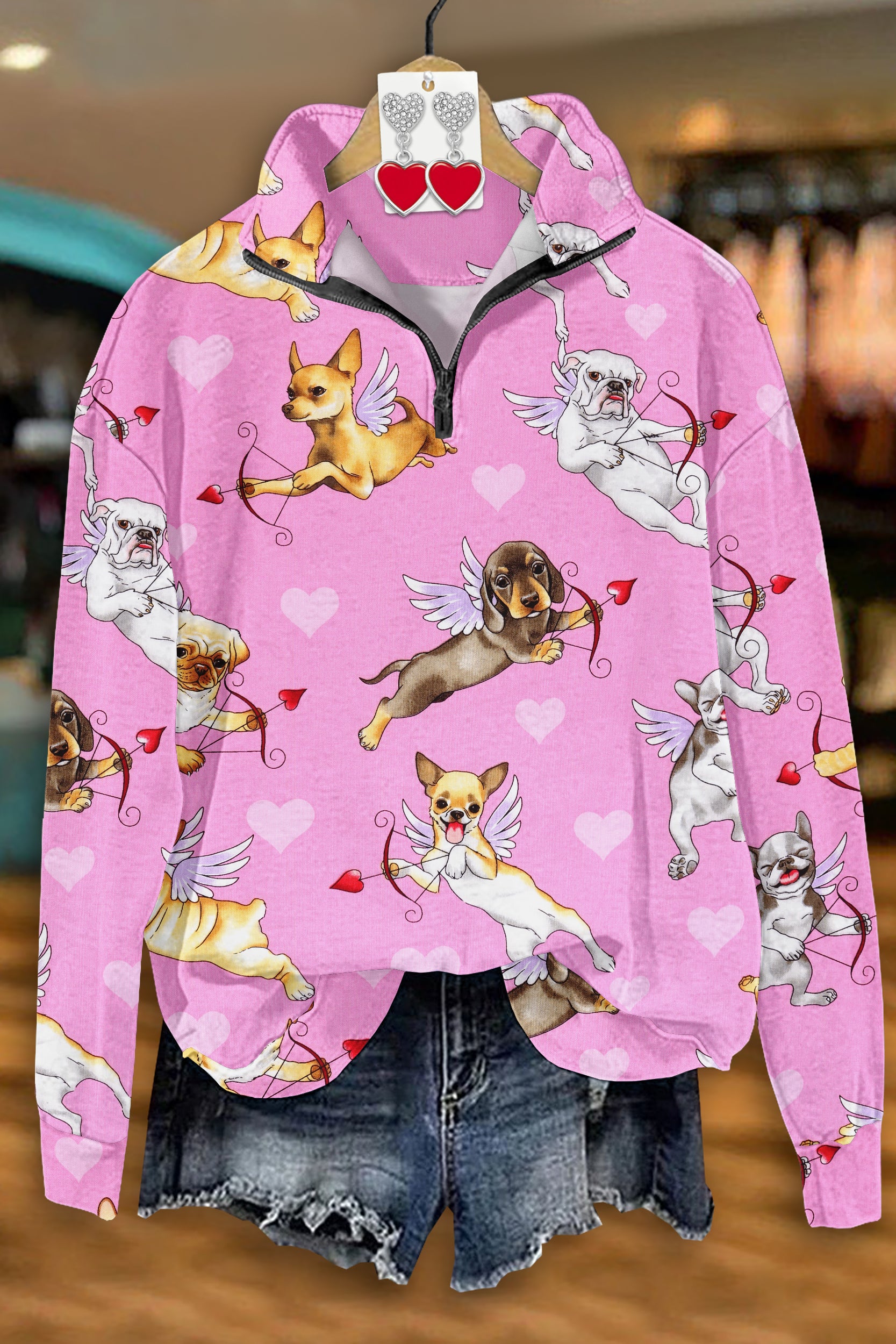 Cute Dog Cupid Valentine's Day Print Zipper Sweatshirt