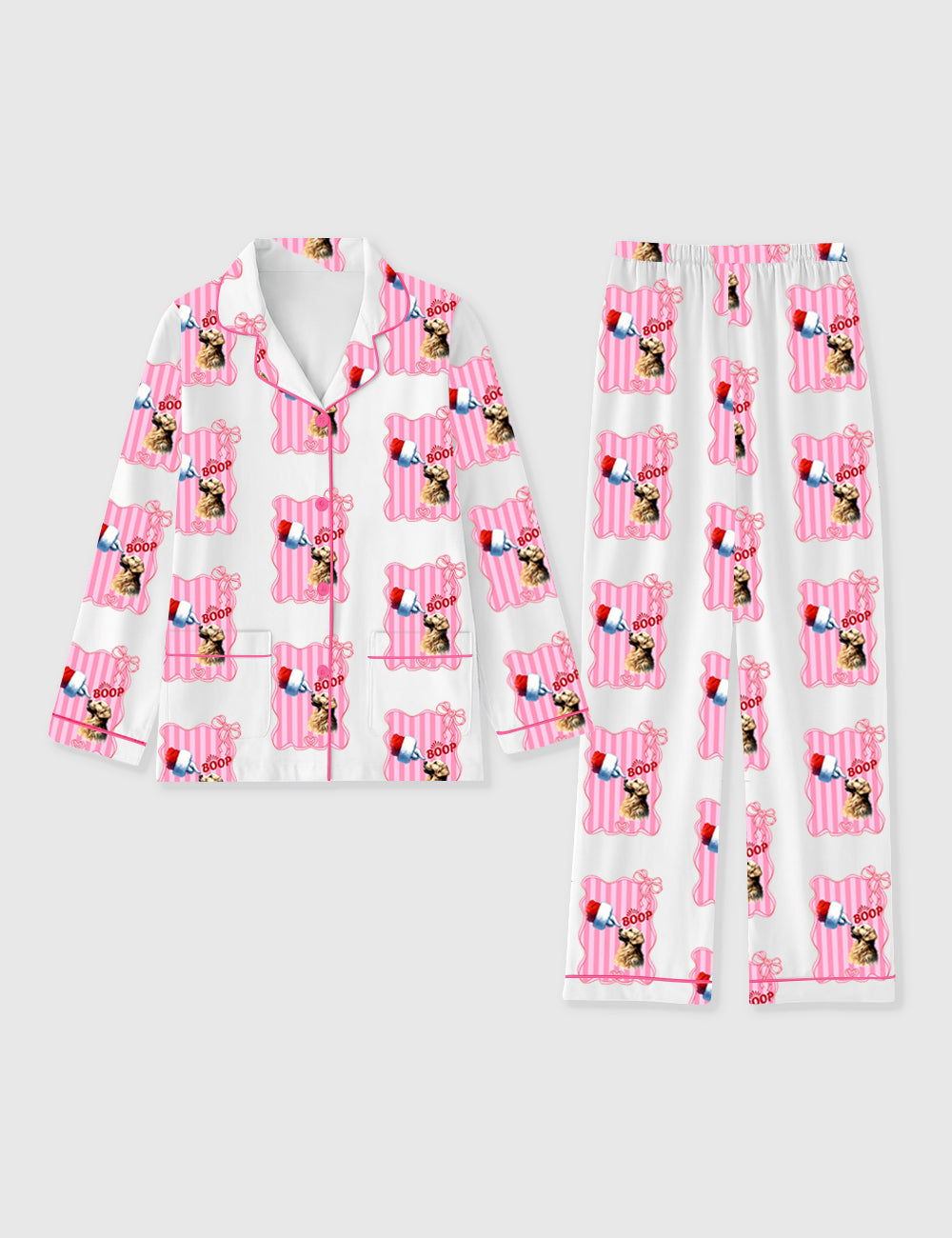 Women's Golden Retriever With Pink Christmas Santa Claus Long Sleeve Pocket Cotton Pajama Set