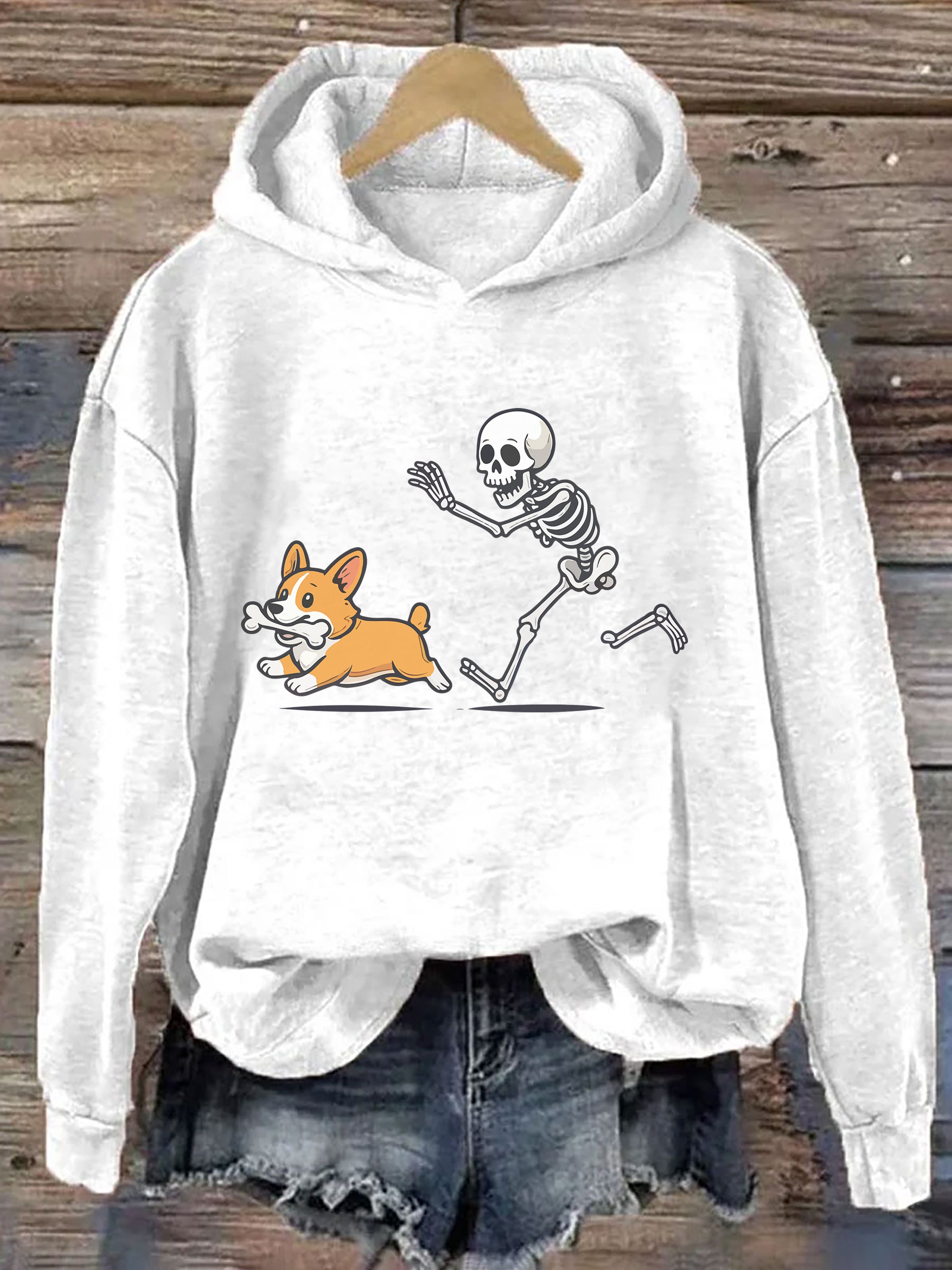 Funny Skeleton Chasing Corgi Hoodie