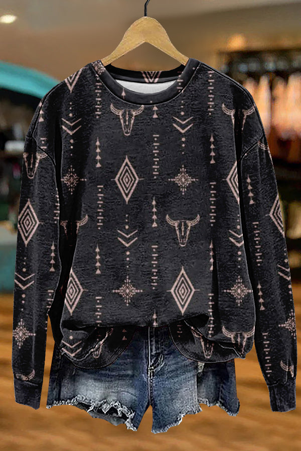 Chic Western Cowboy Longhorn Print Sweatshirt