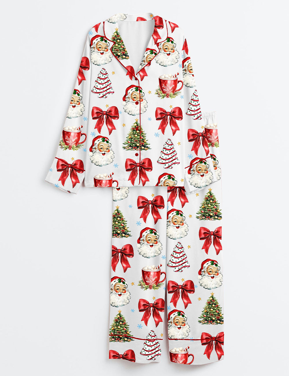 Coquette Christmas Retro Holidays Santa Hot Cocoa Candy Cane Tree Cake Long Sleeve Satin Pajama Set