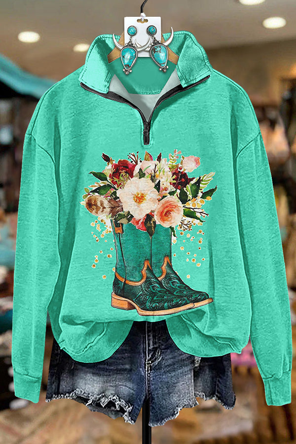 Western Turquoise Boots Floral Zip Sweater