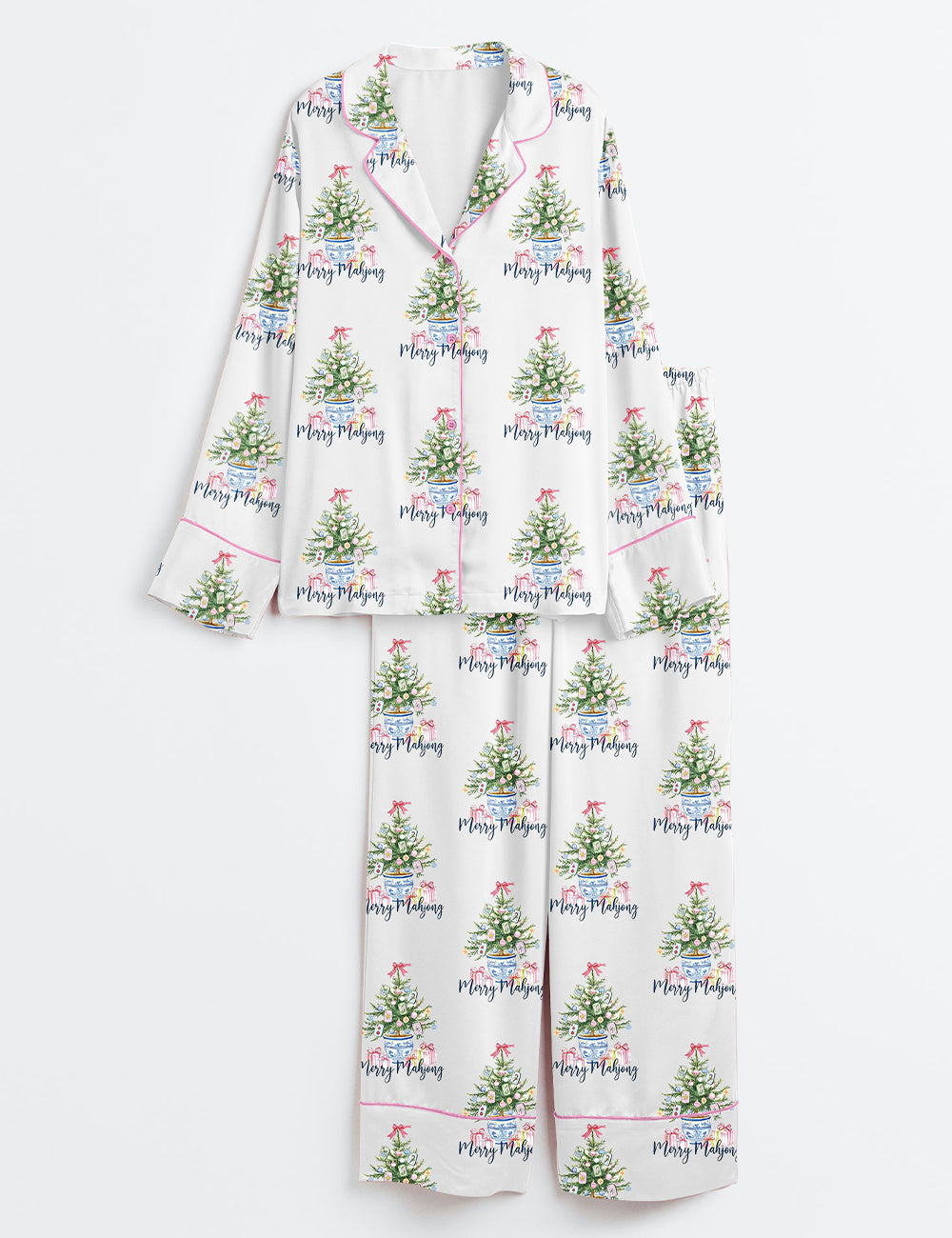 Merry Mahjong Chinoiserie Christmas Long Sleeve Satin Pajama Set