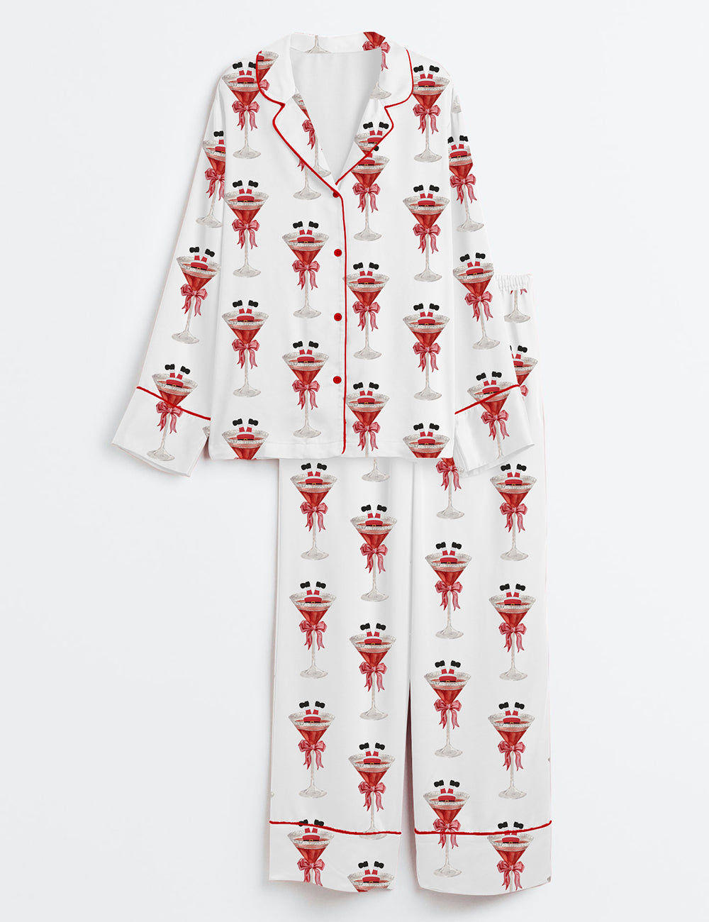 Christmas Martini Santa Bow Martini Drink Long Sleeve Satin Pajama Set