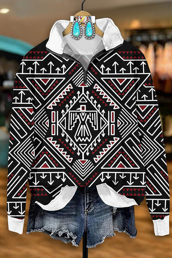 Retro Western Aztec Print Zip-Up Sweatshirt