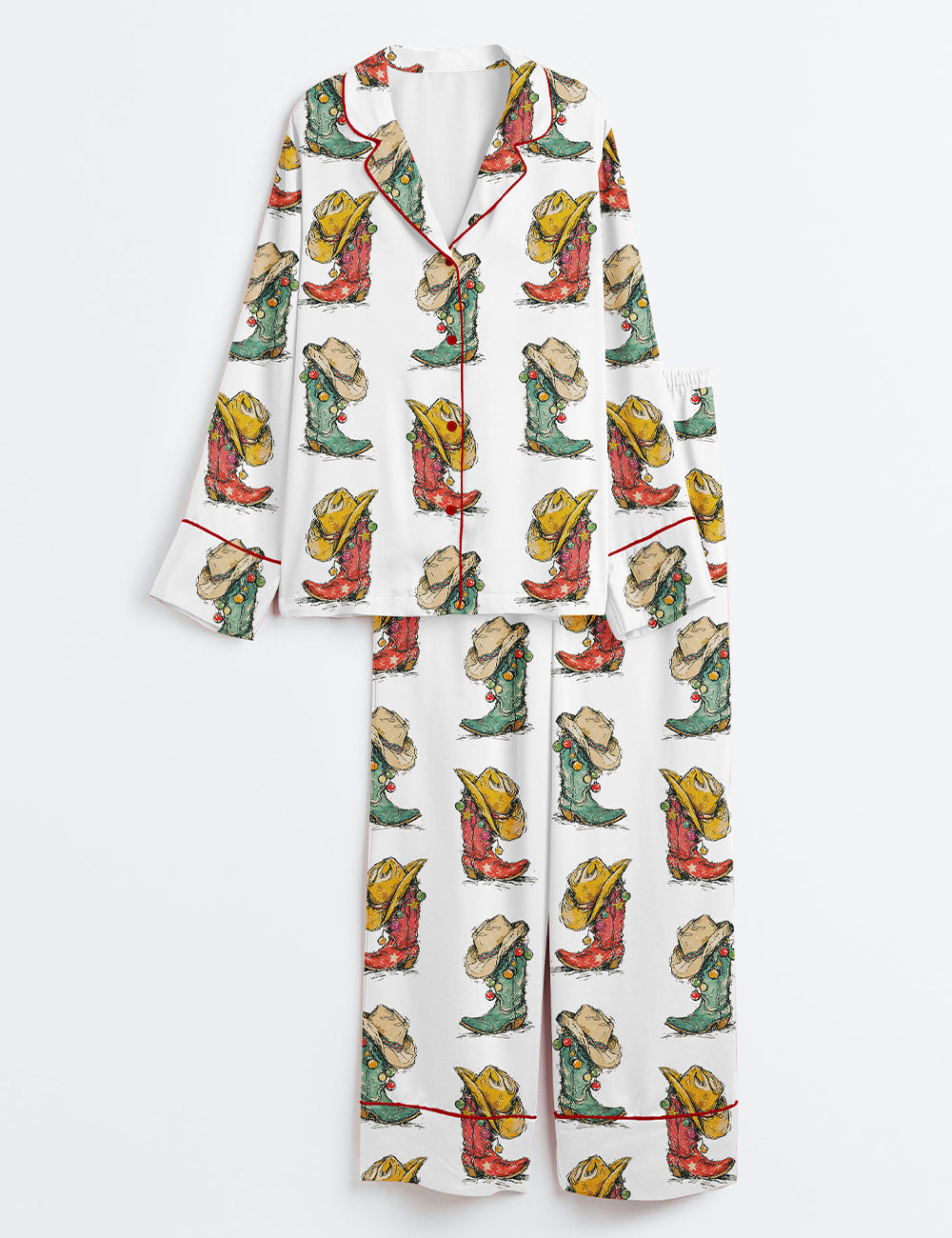 Howdy Christmas Western Retro Christmas Cowgirl Boots Long Sleeve Satin Pajama Set