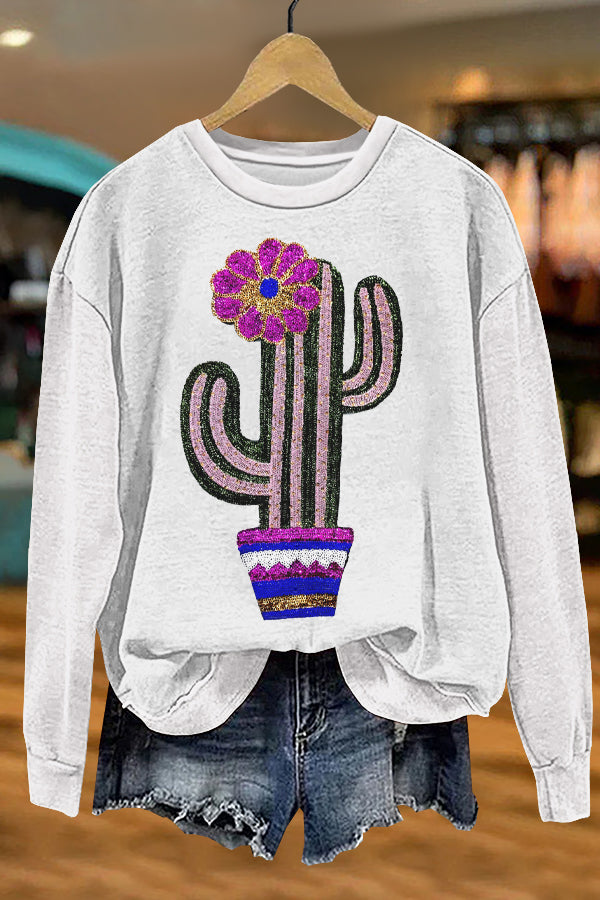 Shiny Western Cowboy Cactus Print Sweatshirt