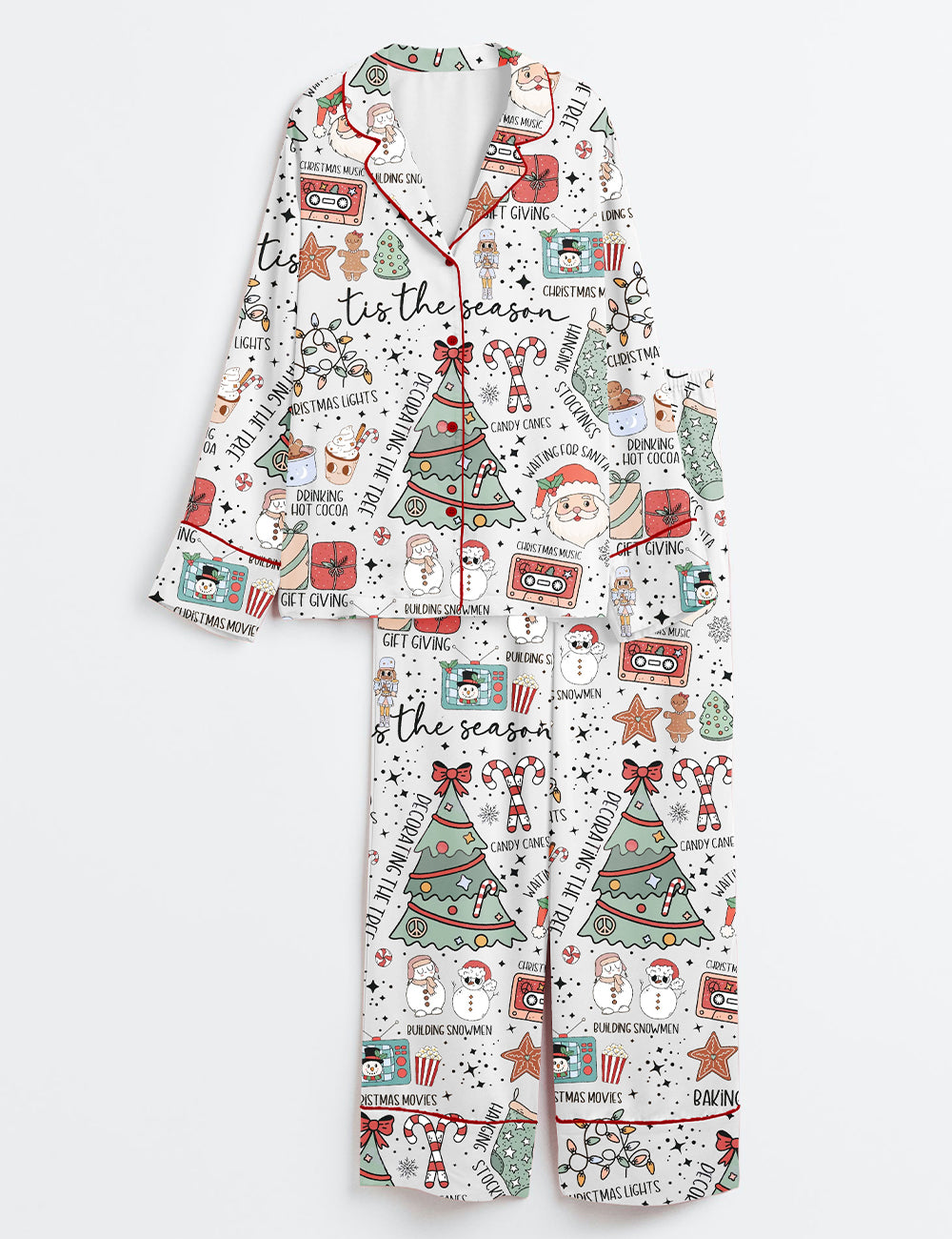 Retro Christmas Tis The Season Christmas Cute Santa Holiday Hot Cocoa Print Long Sleeve Satin Pajama Set