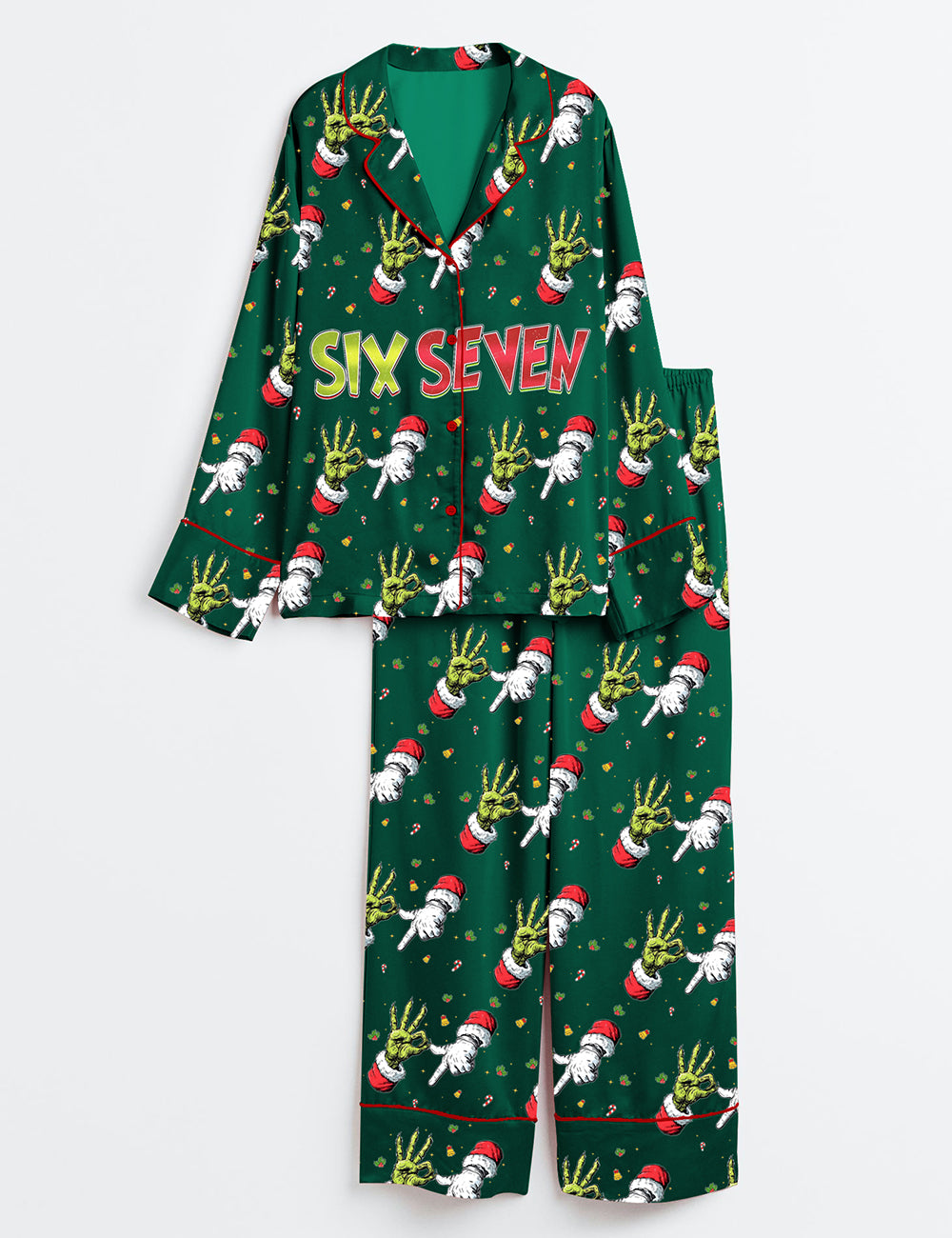 Trending Six Seven Christmas Grinch Santa Long Sleeve Satin Pajama Set