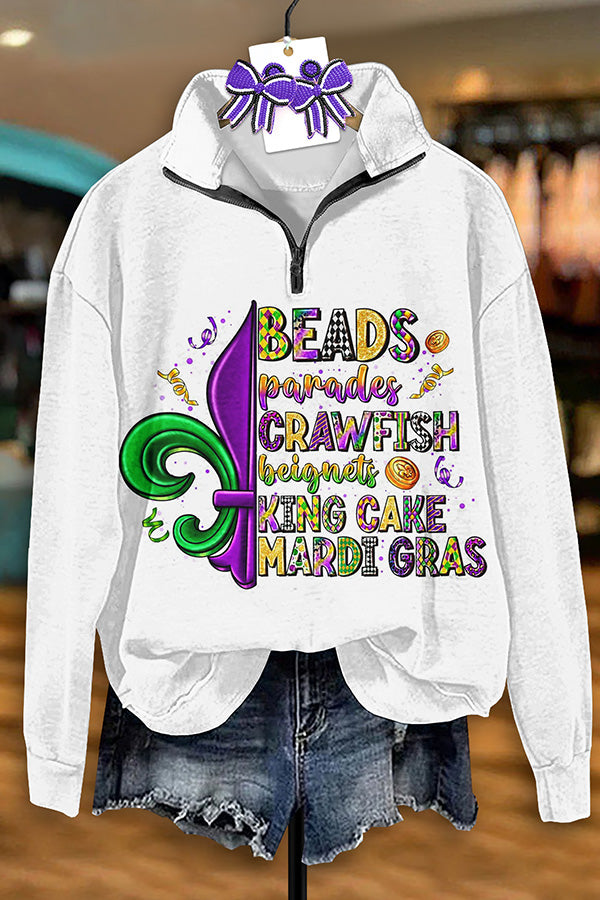Vintage Mardi Gras Print Zip-Up Sweatshirt