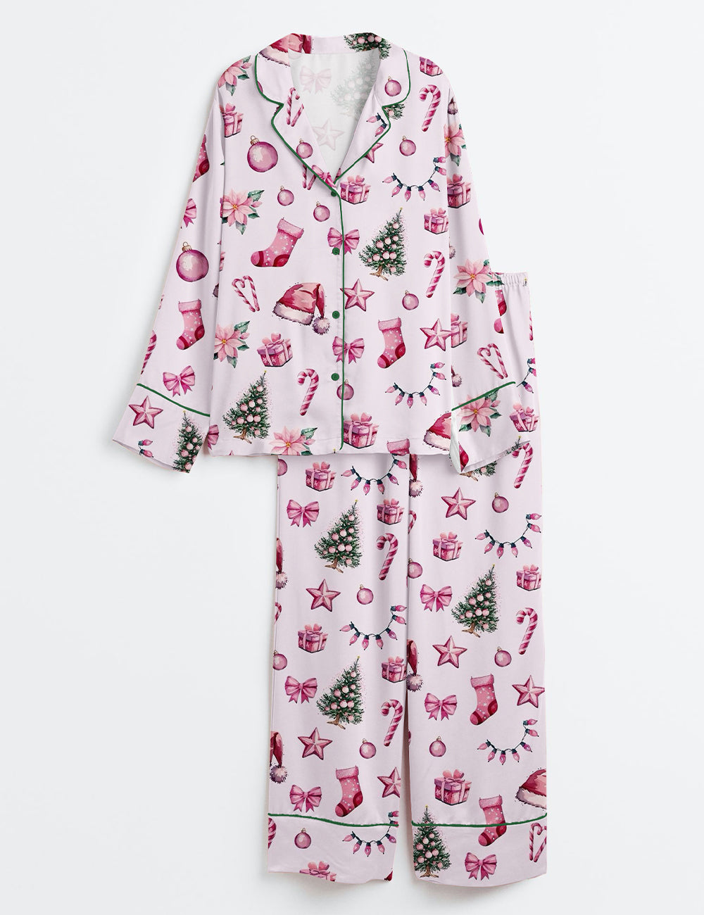Pink Christmas Tree Gifts Long Sleeve Satin Pajama Set