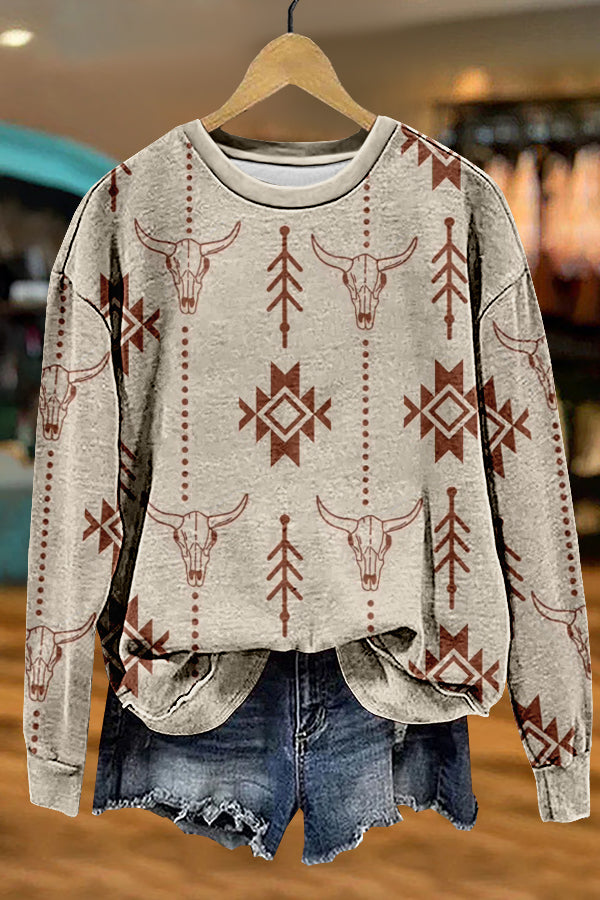 Chic Western Aztec Longhorn Print Sweatshirt
