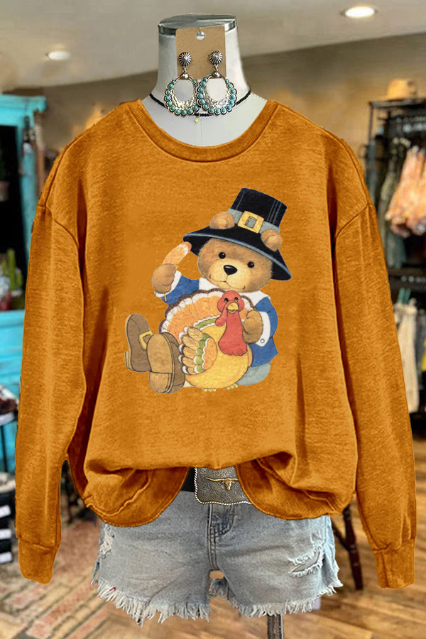 Cute Bear Thanksgiving Turkey Print Sweatshirt
