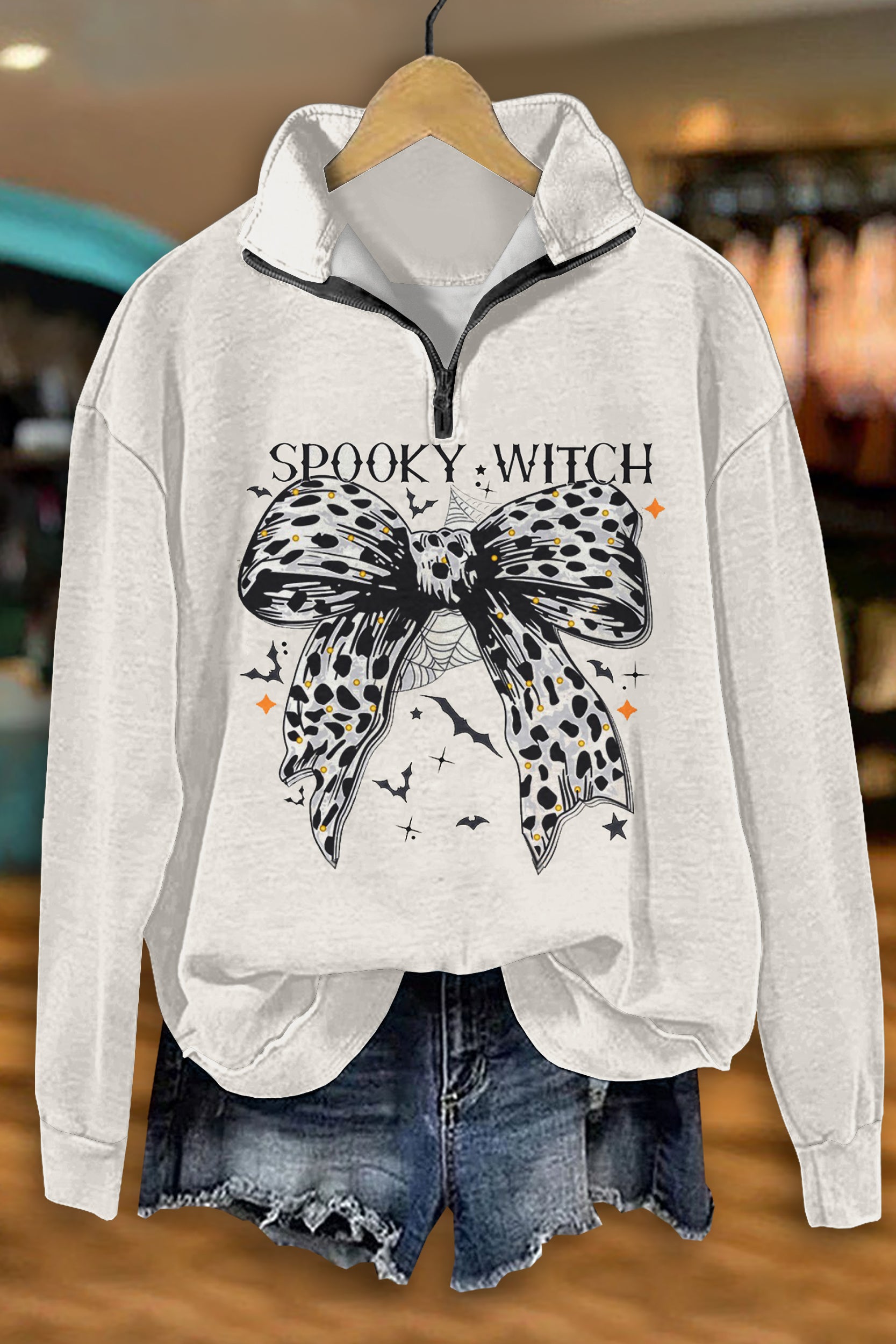 Cute Halloween Bow Print Zip-Up Sweatshirt