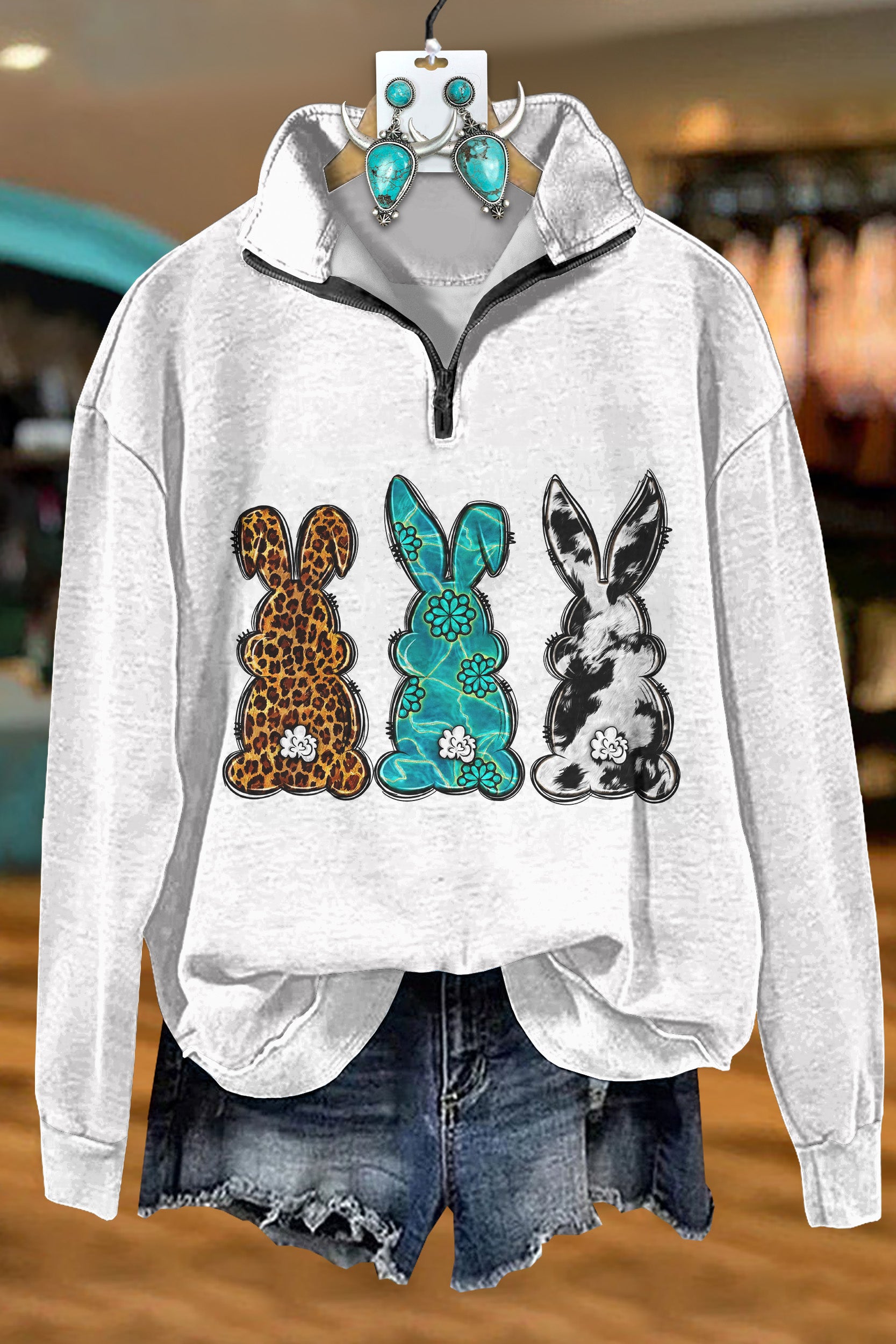 Western Easter Bunny Turquoise Zip Sweatshirt