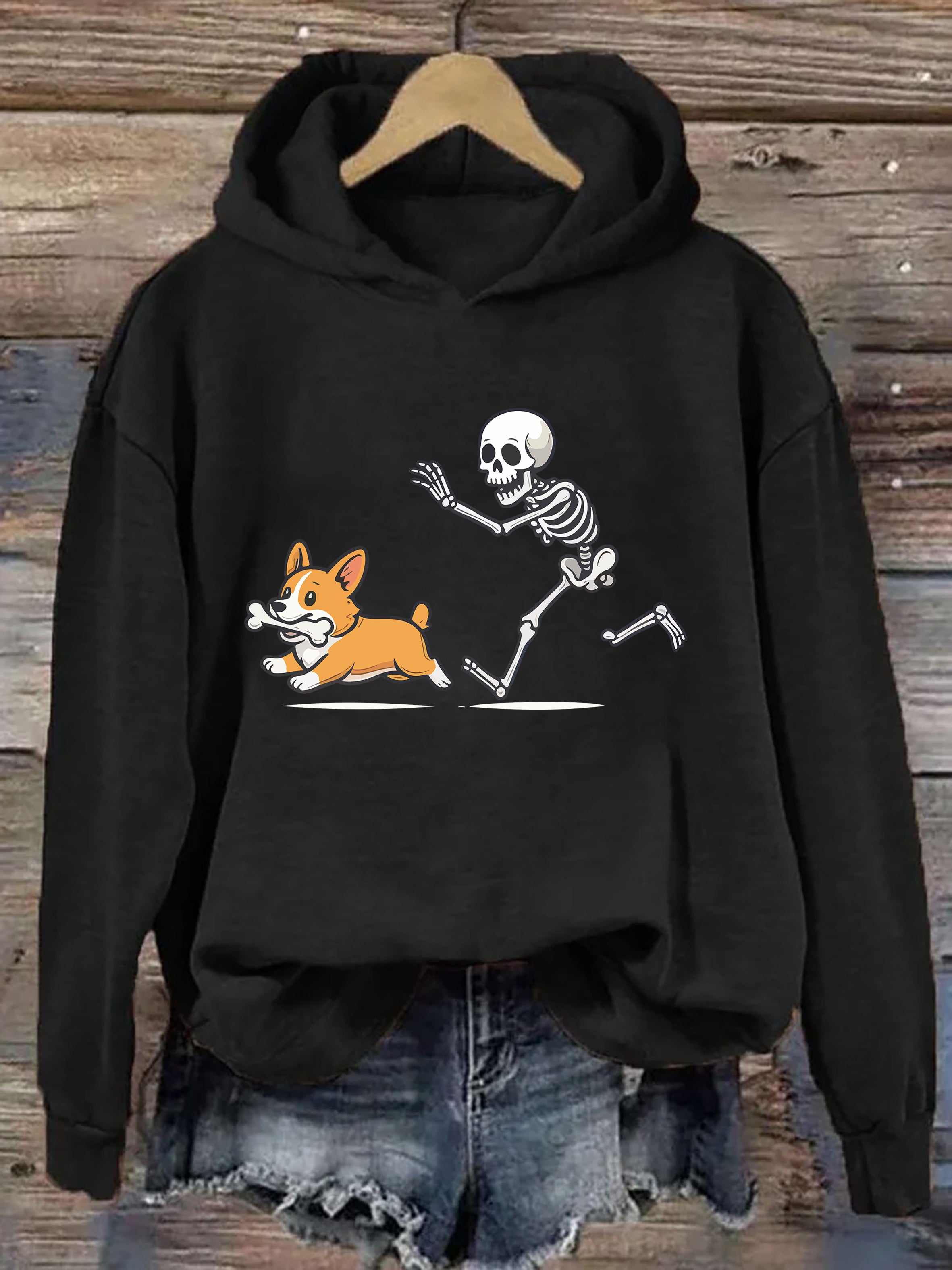 Funny Skeleton Chasing Corgi Hoodie