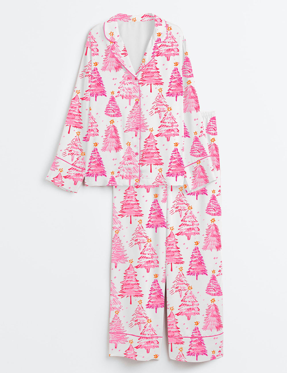 Preppy Pink Christmas Trees Long Sleeve Satin Pajama Set