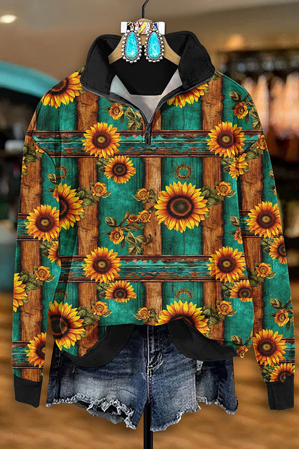 Vintage Western Sunflower Print Zip-Up Sweatshirt