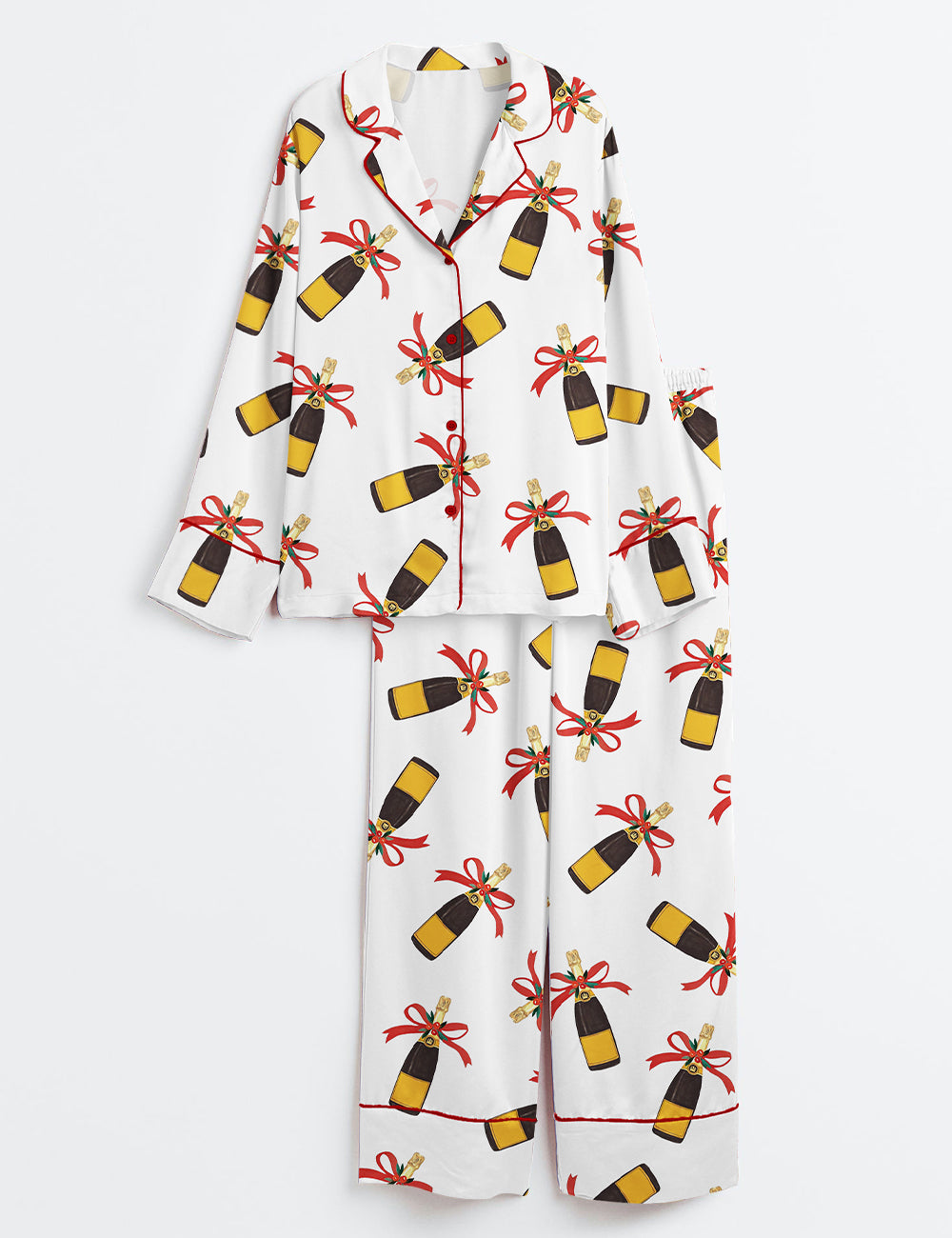 Christmas Champagne Bottles With Red Bows Cheers Holiday Long Sleeve Satin Pajama Set