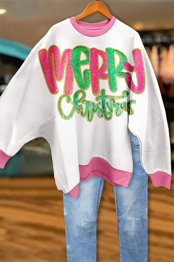 Shiny Merry Christmas Bat Sleeve Sweatshirt