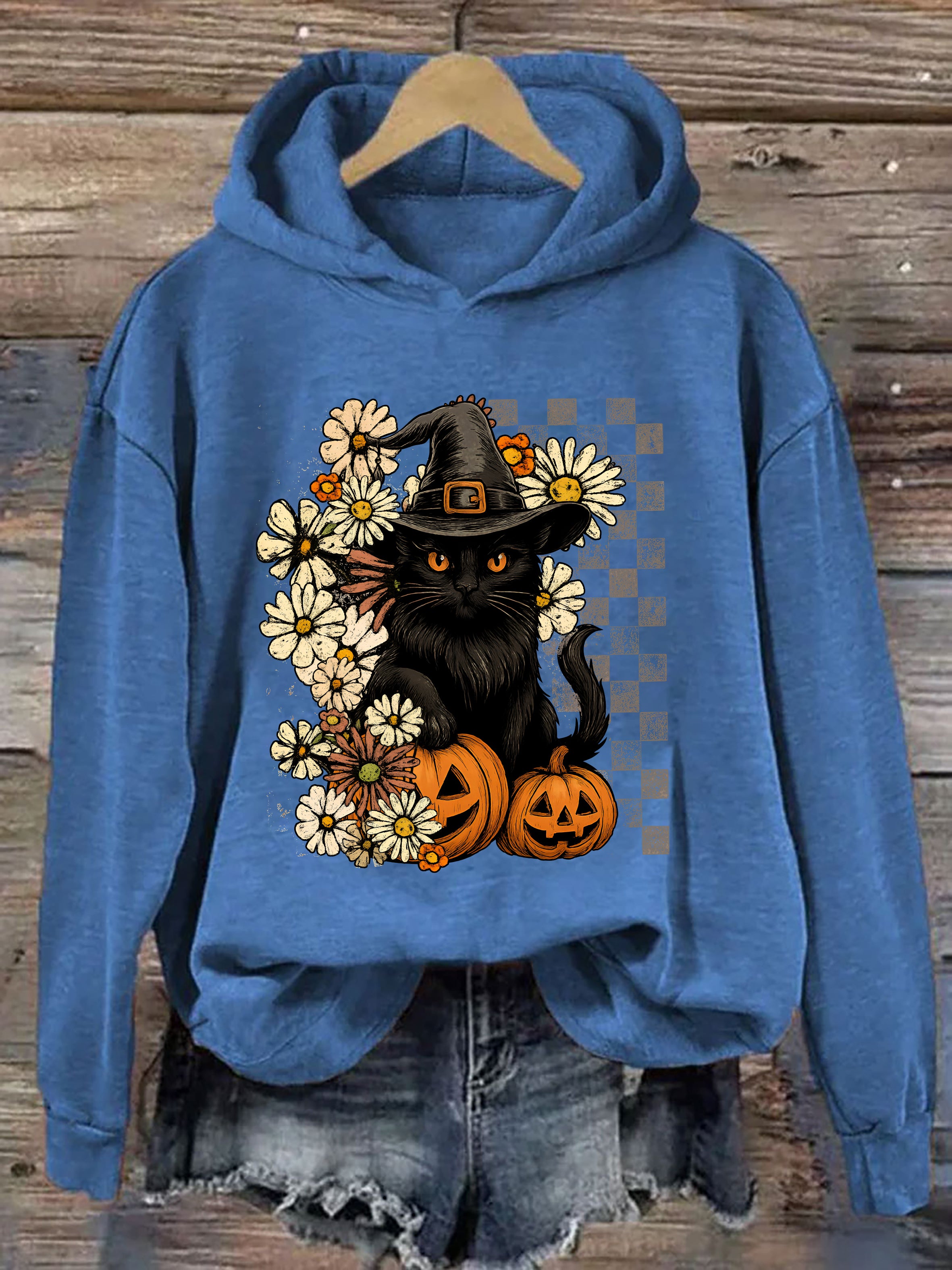 Boho Floral Black Cat Hoodie