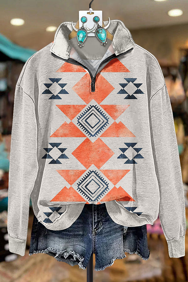Contrast Color Aztec Printed Zipper Sweatshirt