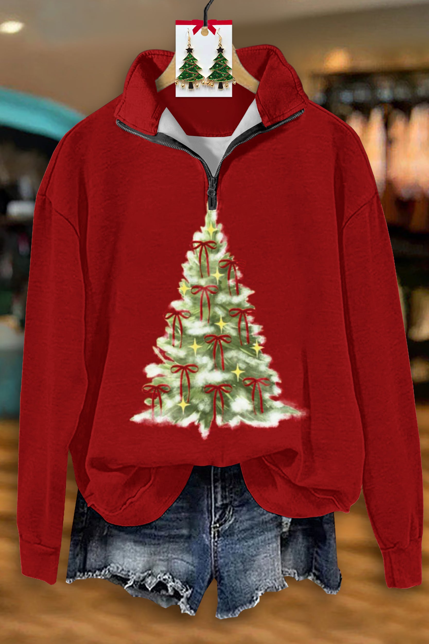 Classic Christmas Tree Bow Print Zip-Up Sweatshirt