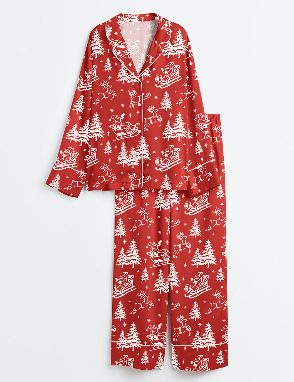 Red And White Christmas Santa Reindeer Long Sleeve Satin Pajama Set
