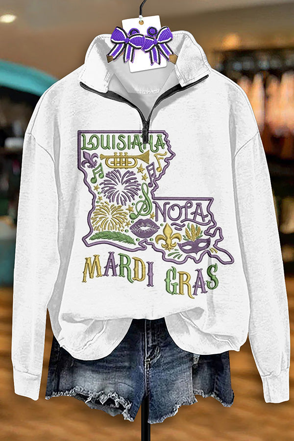 Vintage Mardi Gras Print Zip-Up Sweatshirt