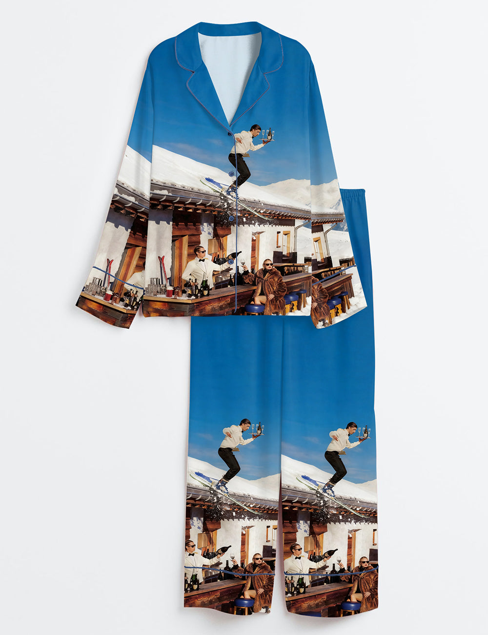 Vintage Skiing Retro Apres Ski Bar Cart Alcohol Party Long Sleeve Satin Pajama Set