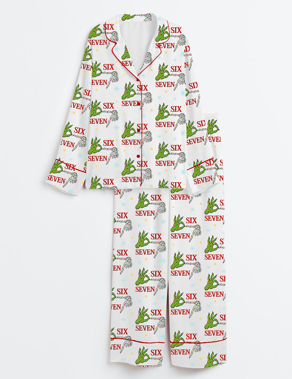 Trending Six Seven Christmas Grinch Skeleton Long Sleeve Satin Pajama Set