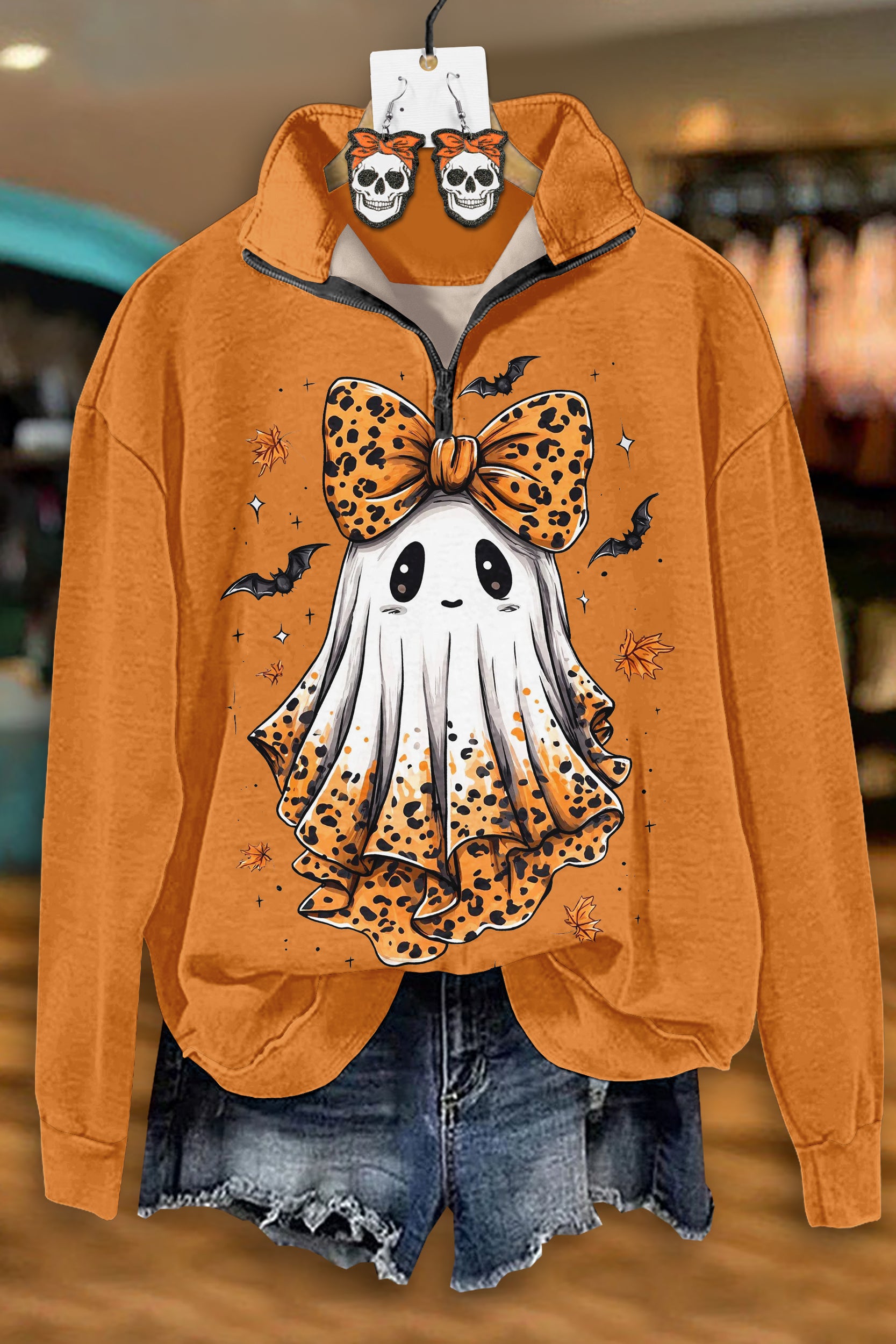 Cute Halloween Ghost Bow Zipper Sweatshirt
