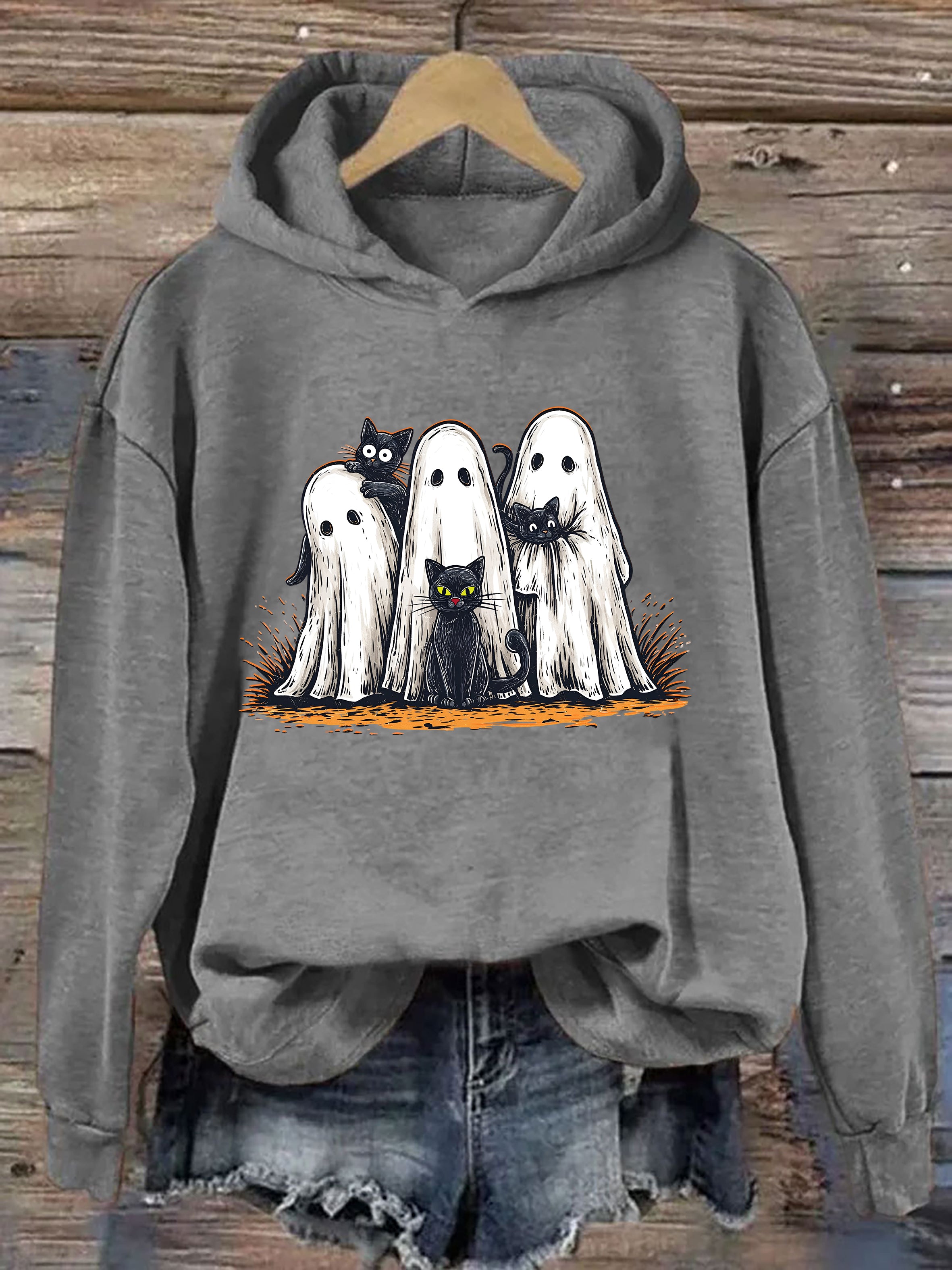 Retro Halloween Ghost And Cat Hoodie