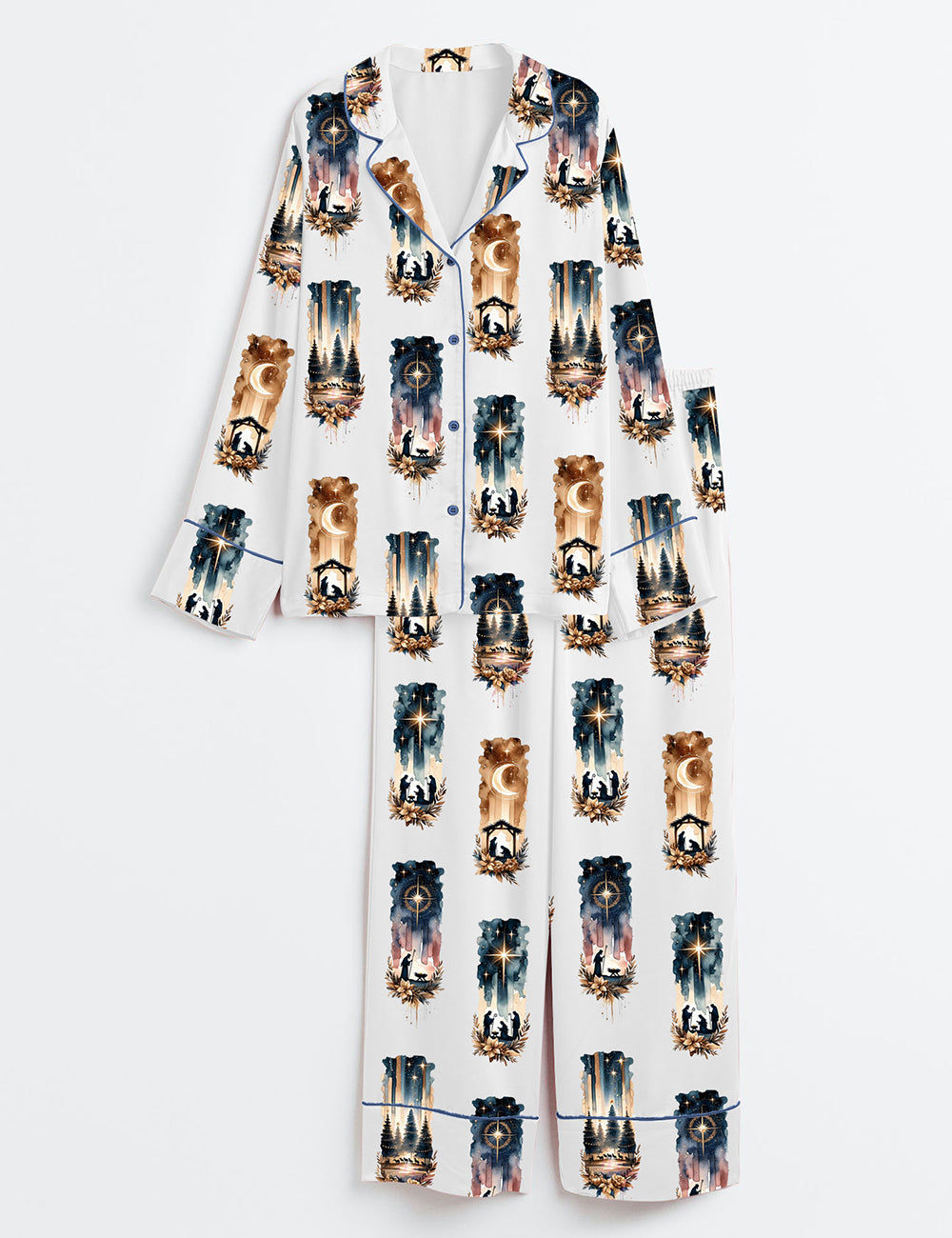 A Savior Is Born Christmas Bow Nativity Christian Manger Jesus Birth Long Sleeve Satin Pajama Set