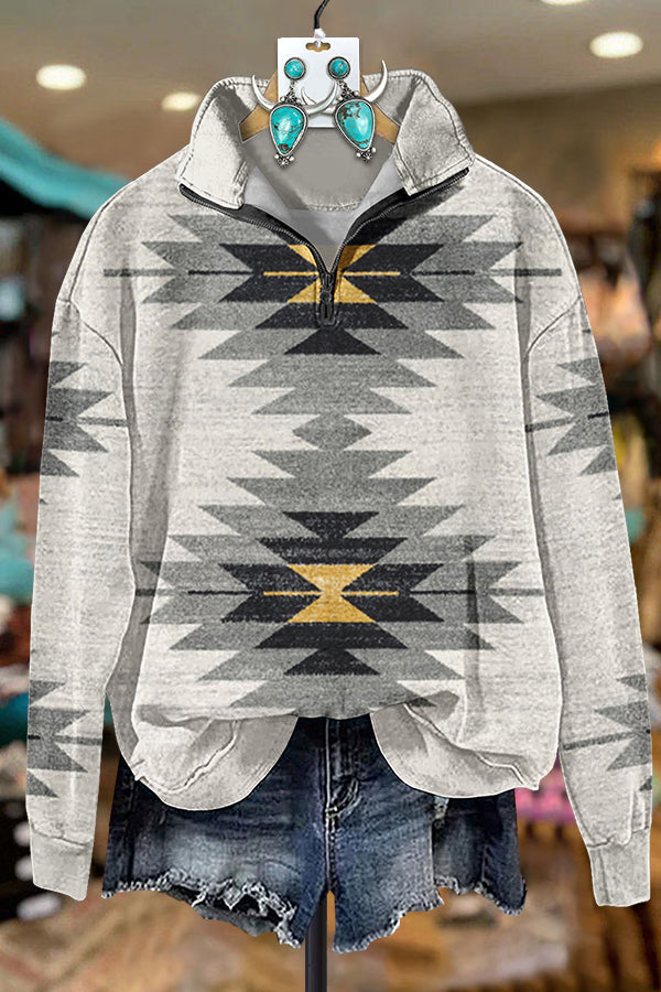 Simple Aztec Printed Zipper Sweatshirt