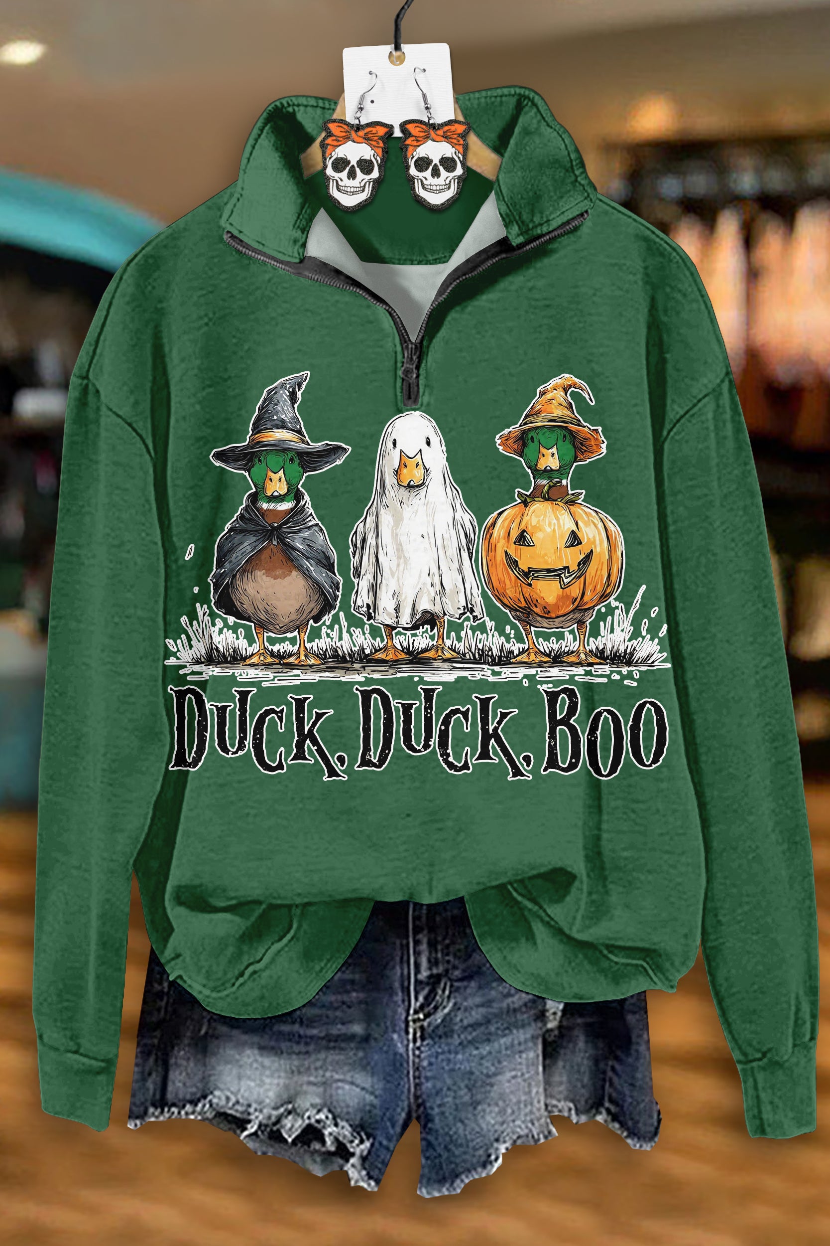 Vintage Halloween Duck Pumpkin Zip-Up Sweatshirt