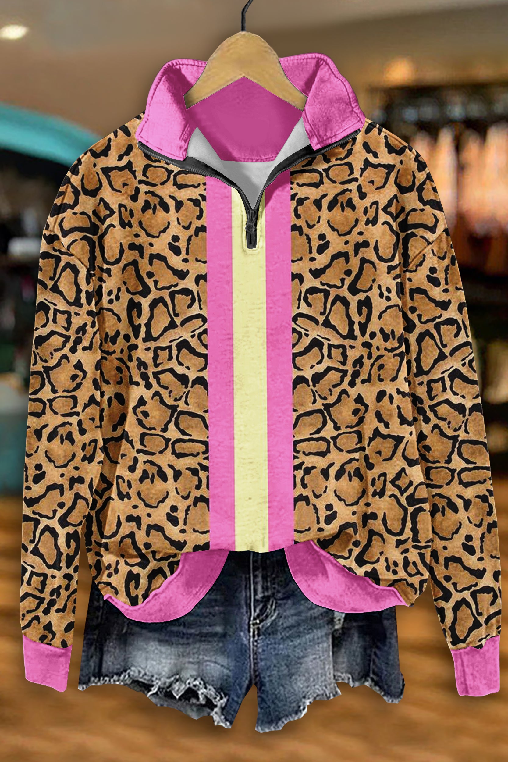Vintage Leopard Contrast Print Zip-Up Sweatshirt