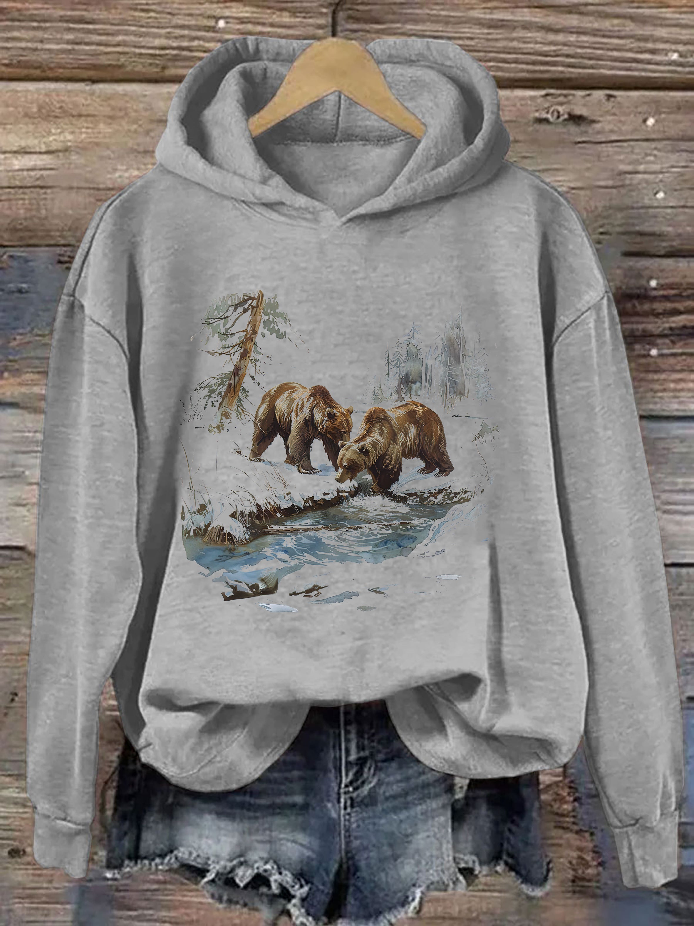 Retro Grizzly Bears Wilderness Scene Hoodie