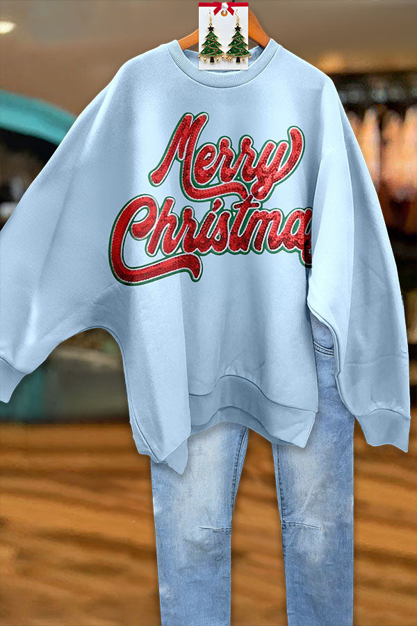 Shiny Merry Christmas Bat Sleeve Sweatshirt