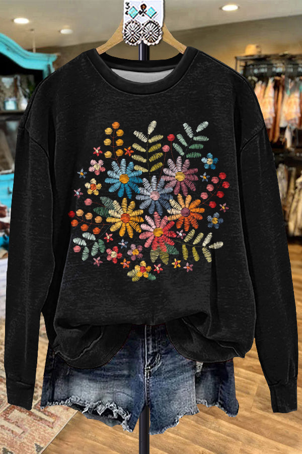 Classic Contrast Color Floral Embroidered Sweatshirt