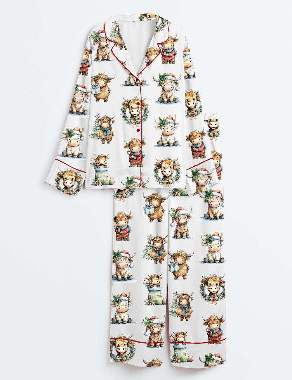Christmas Highland Cow Watercolor Christmas Cow Long Sleeve Satin Pajama Set