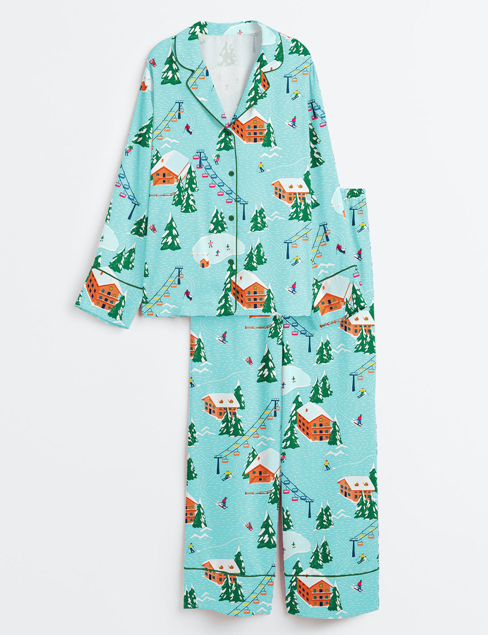 Christmas Ski Mountain Long Sleeve Satin Pajama Set