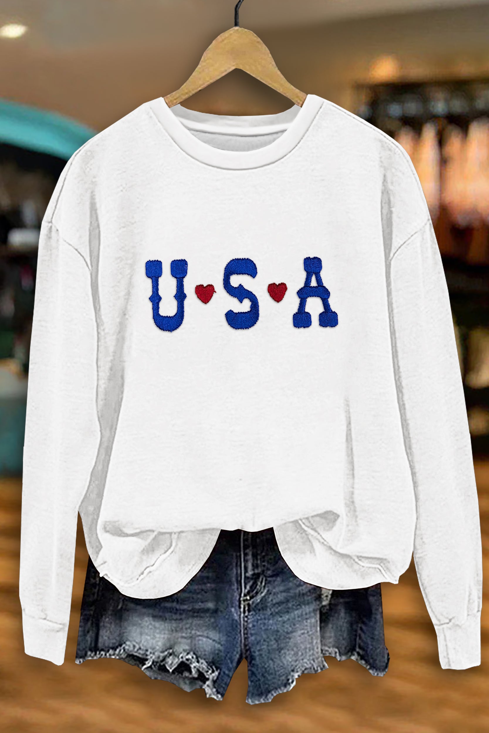 Classic Independence Day USA Heart Embroidered Sweatshirt