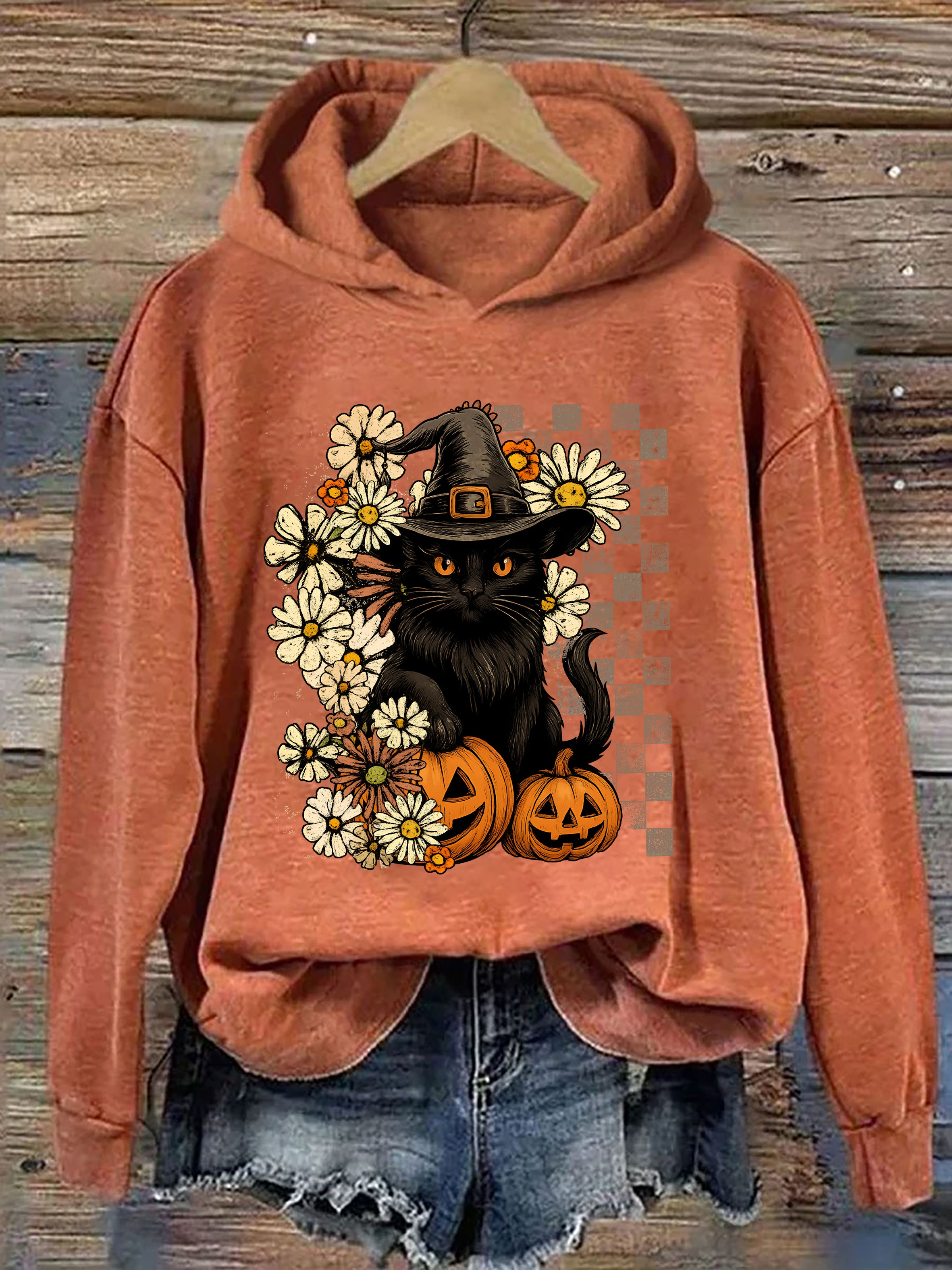 Boho Floral Black Cat Hoodie