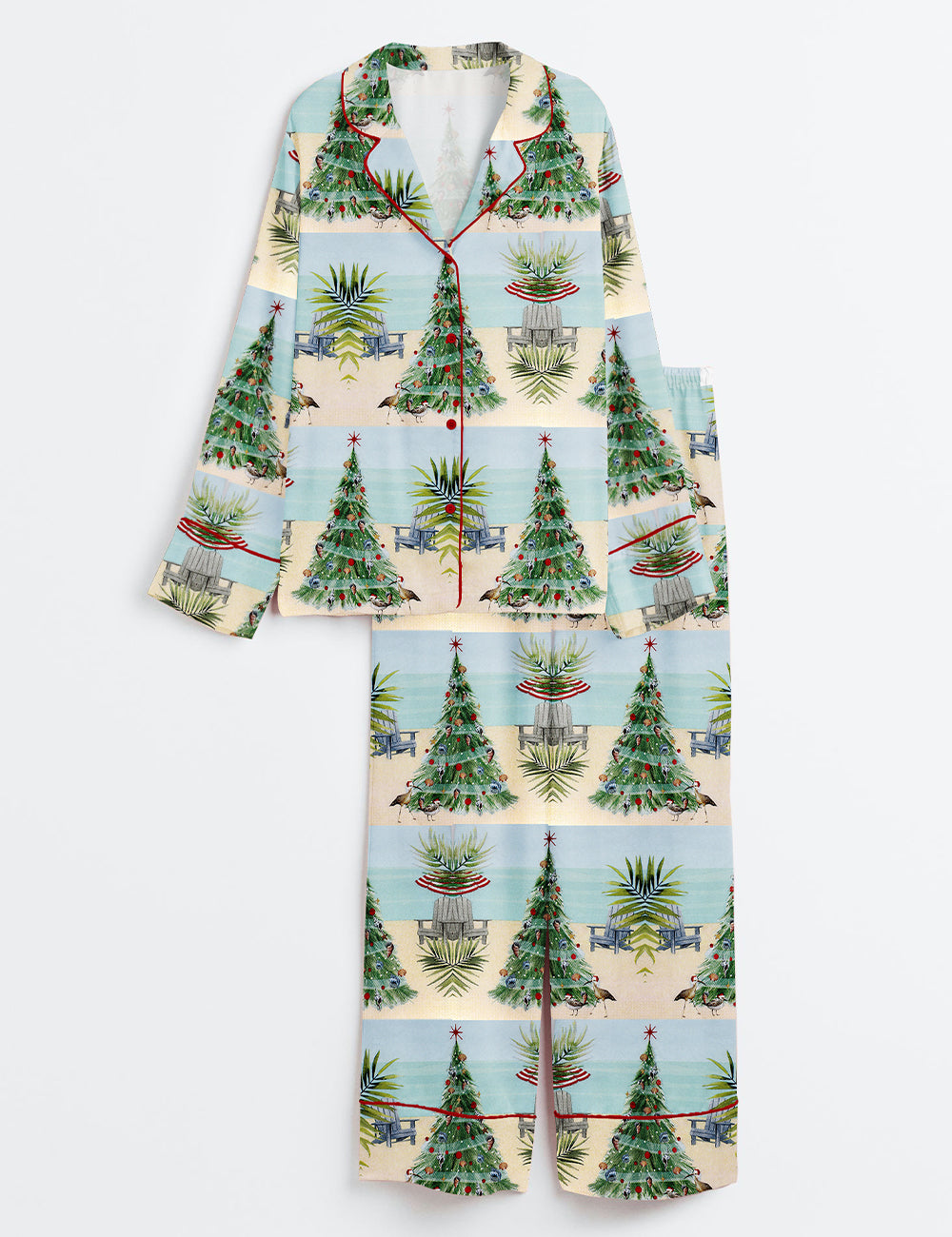 Vintage Christmas Cocktail Beach Coquette Seashell Christmas Tree Long Sleeve Satin Pajama Set